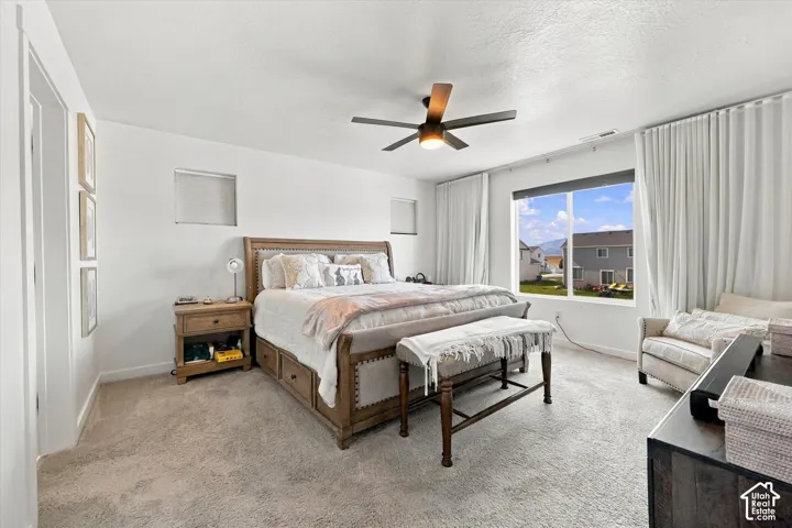 Plush carpet flooring, ceiling fan with integrated lighting, expansive window, white wall paint, and white window treatments