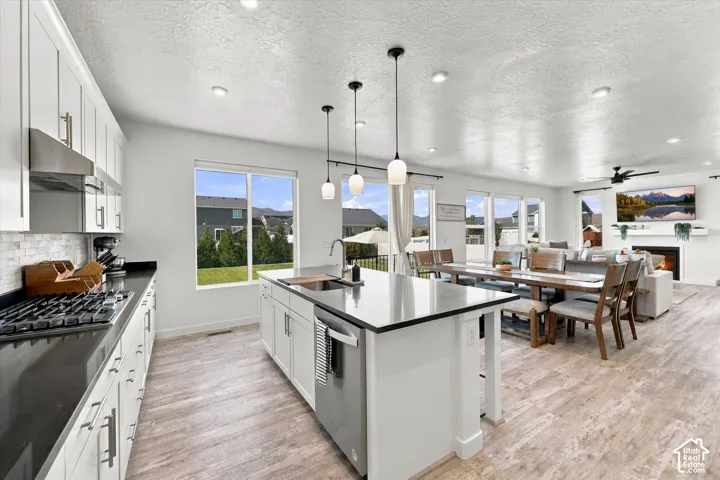 Kitchen island with integrated sink, white cabinetry, dark countertops, tile backsplash, and light wood-finish flooring