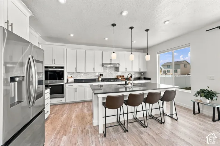 Modern kitchen featuring white cabinetry, stainless steel appliances, a large center island, wood-finish flooring, and recessed lighting