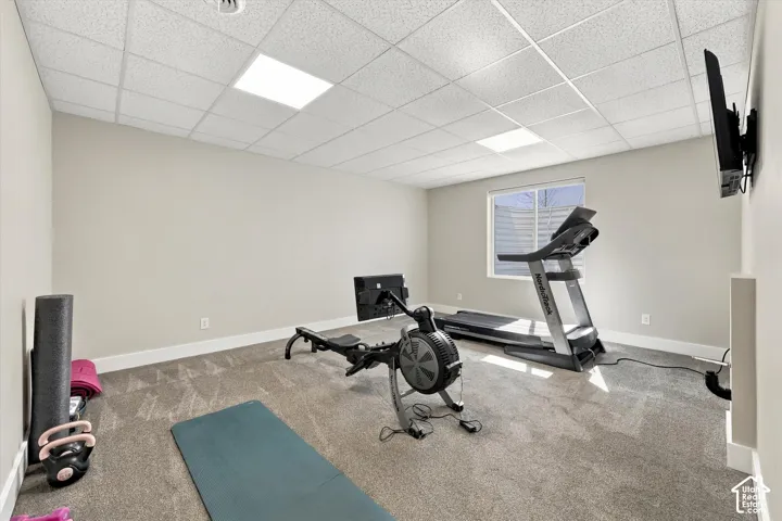 Recessed lighting, wall-mounted television, neutral wall color, carpet flooring, and a single window