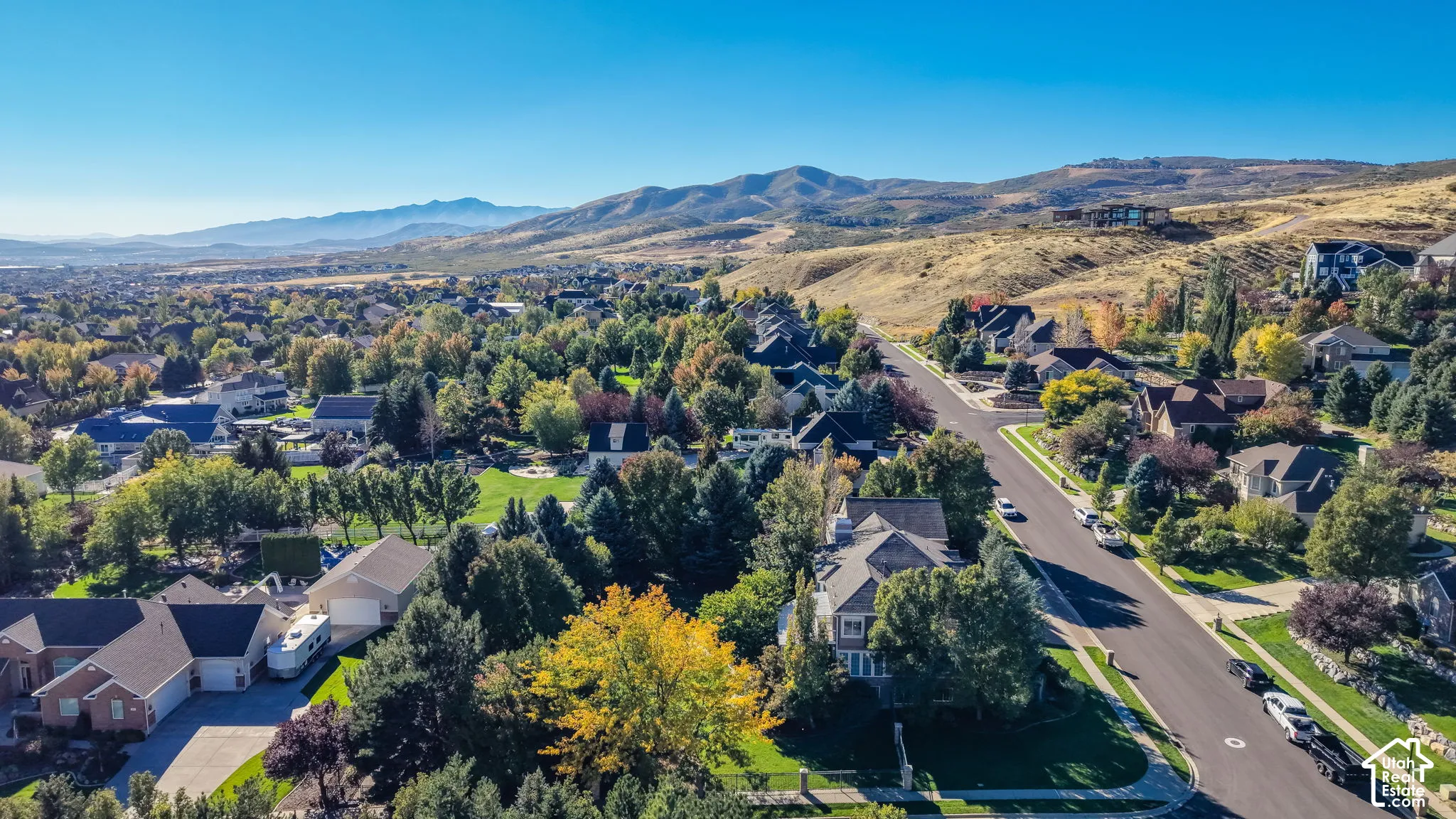 Expansive residential area with mature trees, paved streets, and distant mountain backdrops