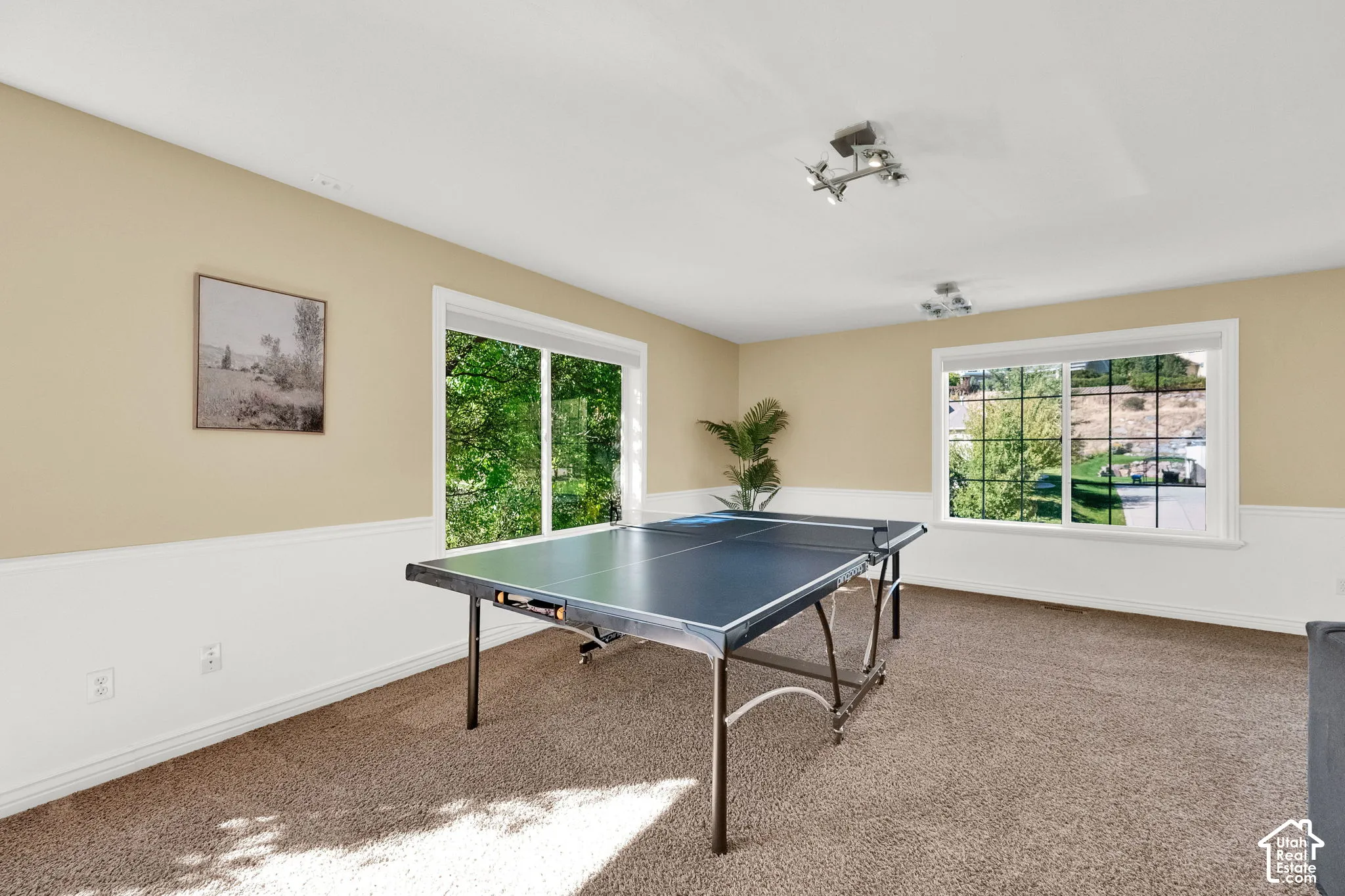 Soft carpet flooring, neutral paint palette, white wainscoting, recessed ceiling lights, and multiple windows