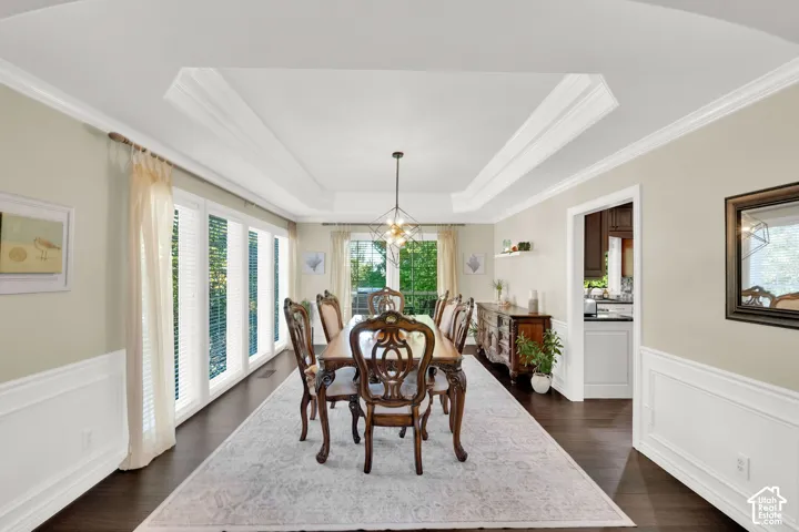 Tray ceiling with crown molding, dark wood-finish flooring, wainscoting, and large windows