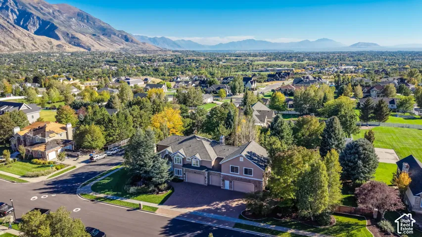 Expansive property featuring a multi-car garage, mature trees, manicured lawns, and a paved driveway