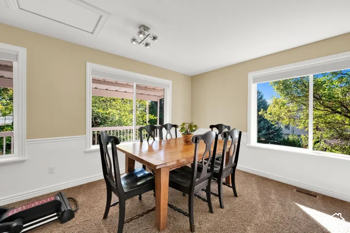 Dual windows, track lighting fixture, crown molding, chair rail molding, and textured carpeting
