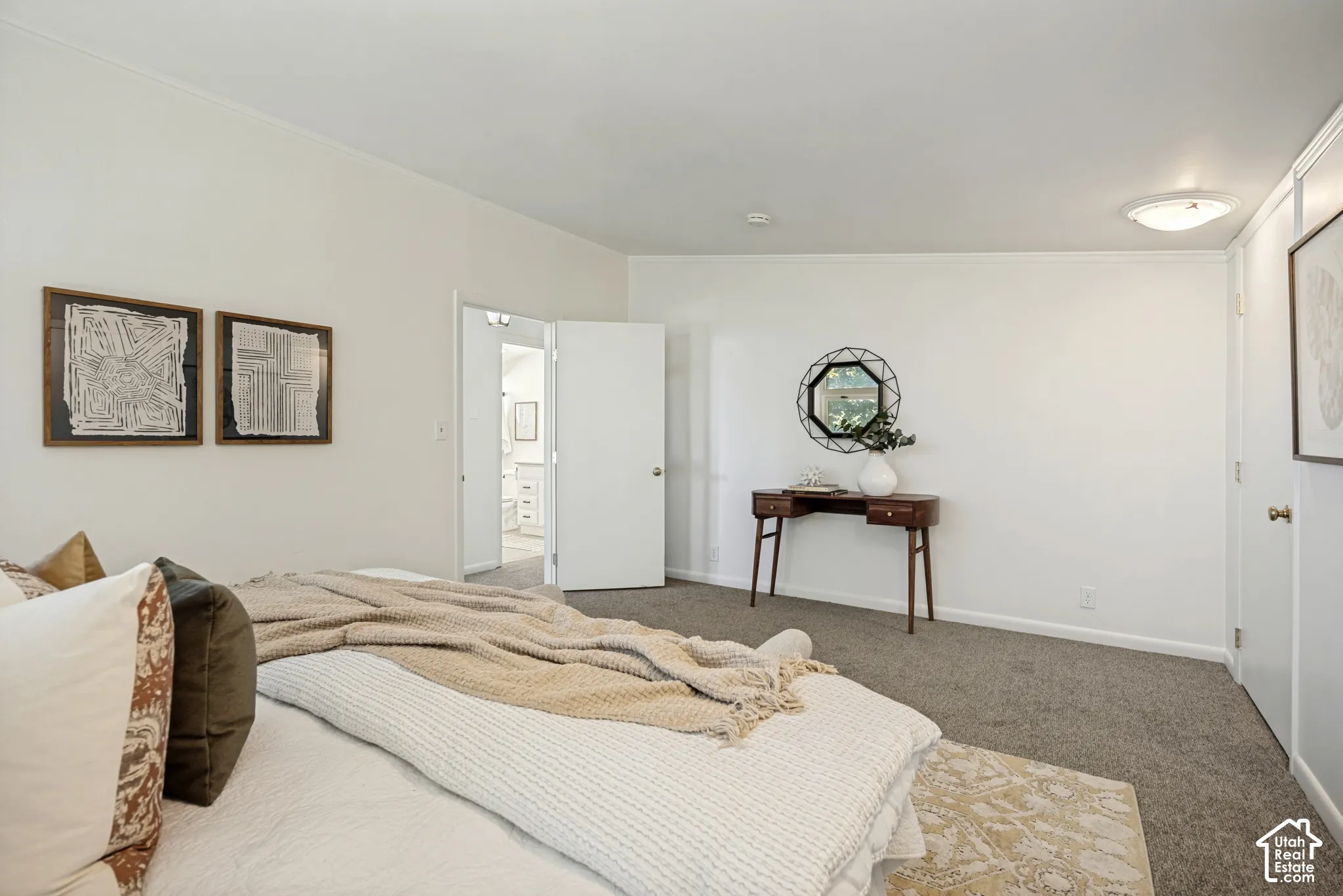 Wall-to-wall carpeting with white walls and trim
