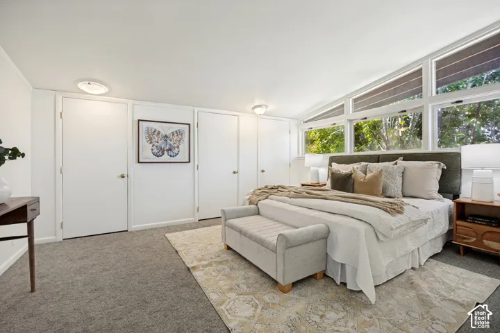 Vaulted ceiling with transom windows, white interior doors, and carpeted flooring