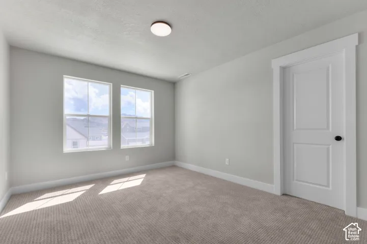 Carpeted interior space featuring two windows, a white two-panel door with a black doorknob, and a flush-mount ceiling light