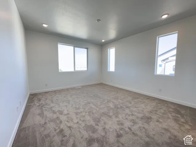 Spacious room featuring neutral carpeting, multiple windows, and recessed lighting