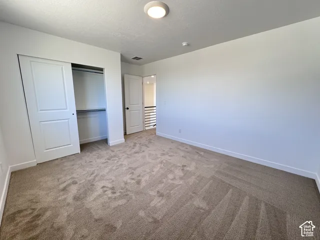 Neutral tone wall paint, textured carpet flooring, built-in closet with sliding doors, ceiling-mounted light fixture, white interior doors with dark hardware