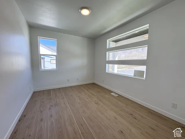 Light-toned wood-finish flooring, white walls, flush-mount ceiling light, and multiple windows
