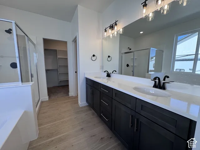 Dual vanity with dark cabinetry and white countertops, large wall-mounted mirror, glass-enclosed shower, wood-finish flooring, and a walk-in closet with shelving
