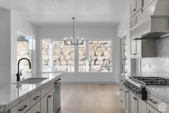 Gourmet kitchen with island sink, stainless steel appliances, ample cabinetry, wood-finish flooring, and a contemporary chandelier