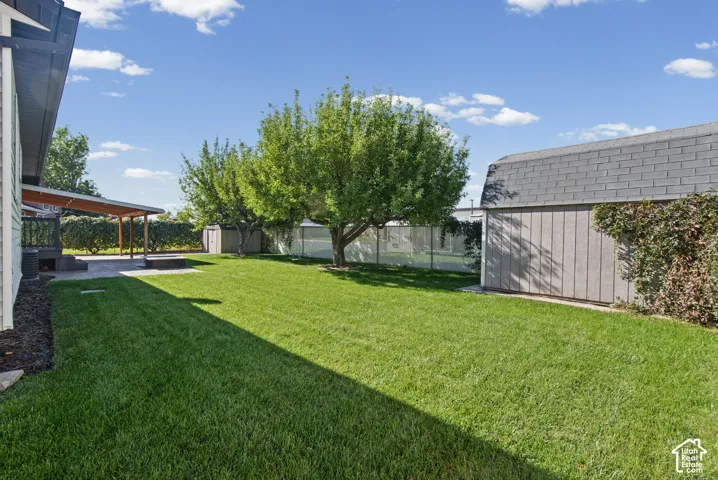Expansive backyard with mature trees, a covered patio, and a utility shed