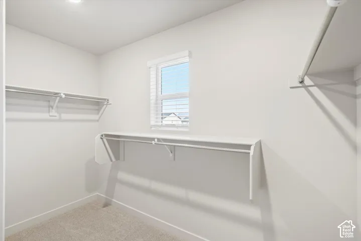 Built-in shelving and hanging rods, window with blinds, recessed lighting, and neutral carpeting