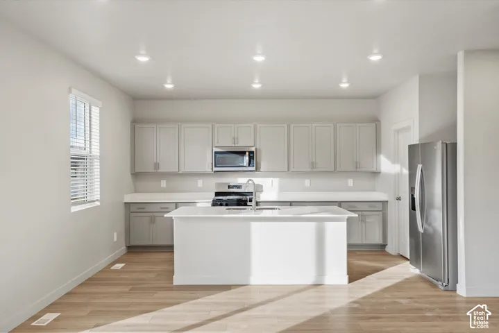 Contemporary kitchen with light wood-finish flooring, recessed lighting, a central island, stainless steel appliances, and light gray cabinetry