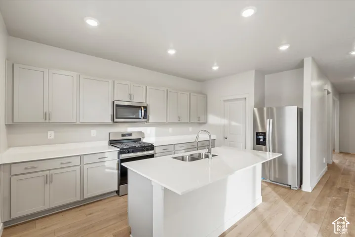 Kitchen featuring light-toned cabinetry, stainless steel appliances, a center island with an undermount sink, recessed lighting, and wood-finish flooring