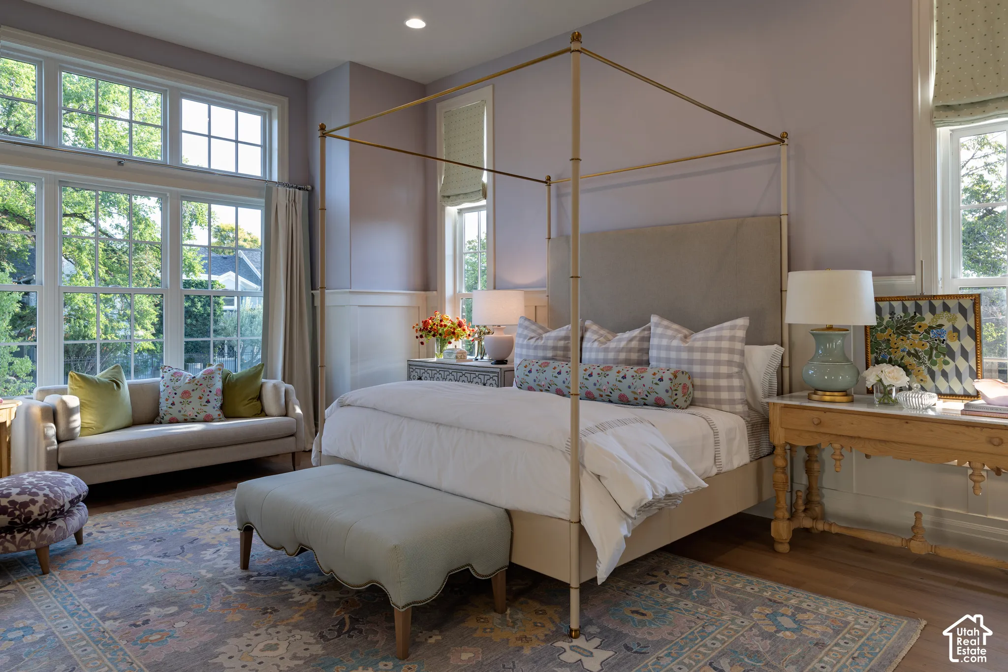 Hardwood-style flooring and overhead recessed lighting