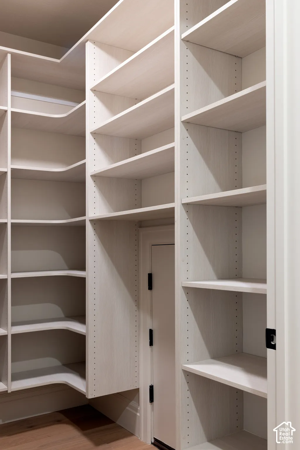Extensive built-in shelving with adjustable shelves, light wood-finish cabinetry, and wood-finish flooring