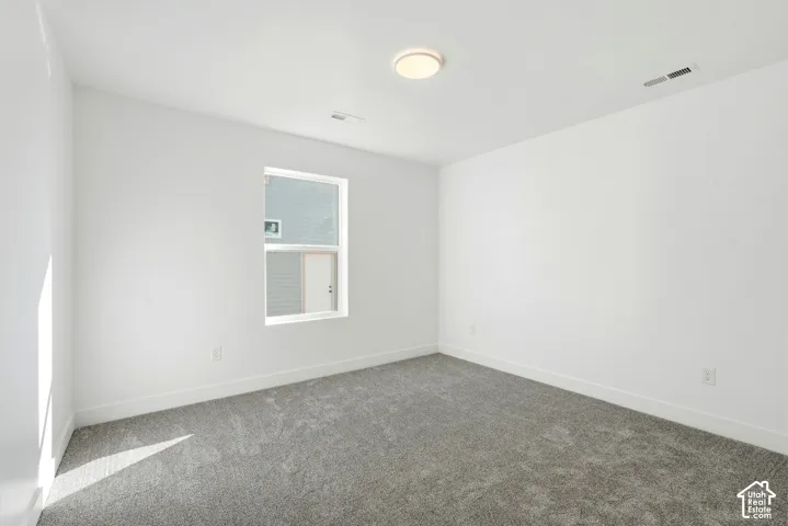 Plush gray carpeting, white painted walls, and a single window with white trim
