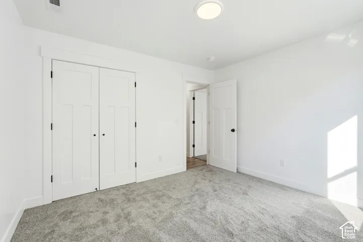 White paneled interior doors, light-colored carpeting, a flush-mount ceiling light fixture, and white painted walls