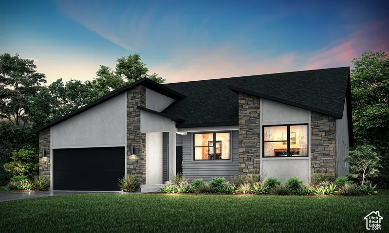 Contemporary exterior featuring stone accents, stucco siding, and a sloped roofline