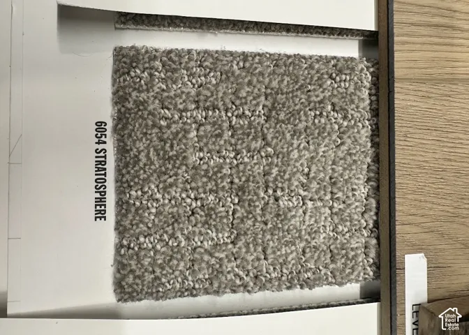 Textured, low-pile carpeting in a neutral gray tone, paired with wood-finish flooring
