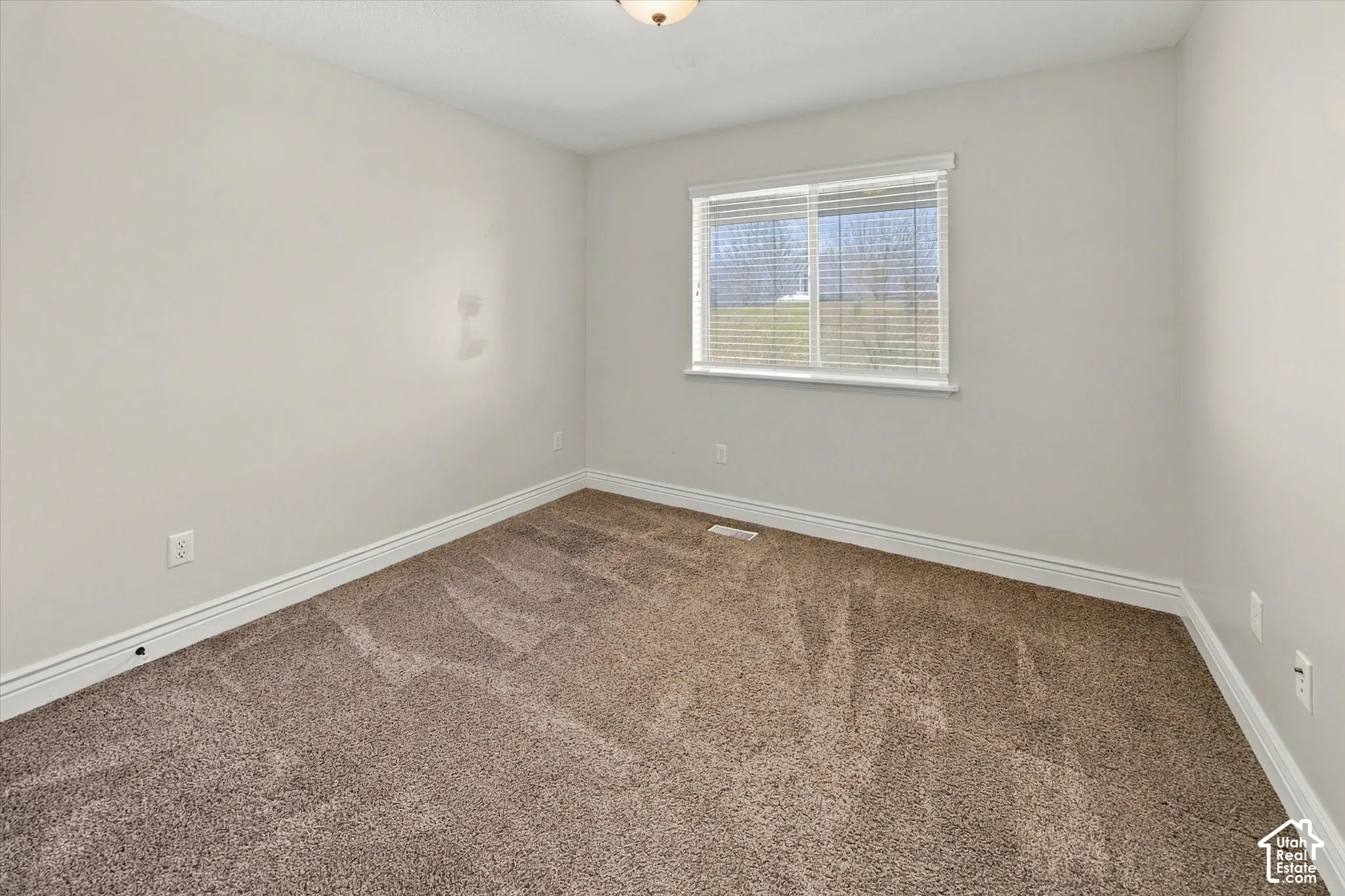 Neutral wall color, wall-to-wall carpeting, window with blinds, white trim, and a ceiling-mounted light fixture