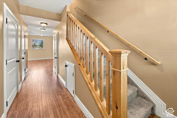 Wood-finish flooring, white paneled doors, natural wood staircase with balusters, carpeted stairs, and flush-mount lighting fixtures