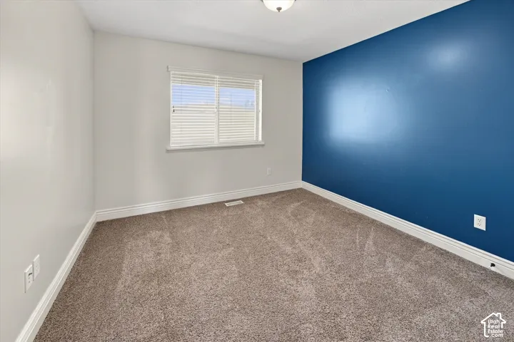 Carpeted flooring, single window with blinds, overhead lighting, and two-tone wall paint