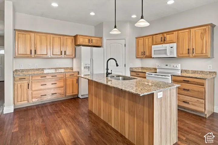 Wood-finish flooring throughout, light wood cabinetry, stone countertops, and a kitchen island with an integrated sink and gooseneck faucet