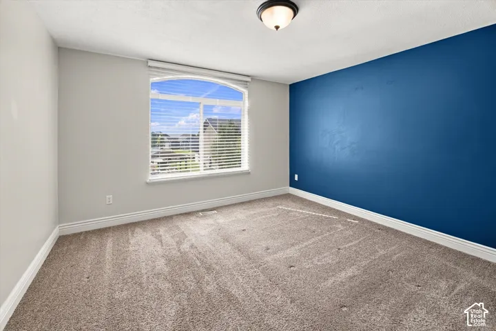Arched window with blinds, carpeted flooring, and a flush mount ceiling light
