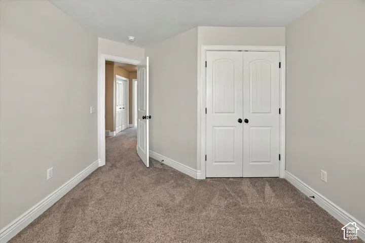 Plush carpet flooring, neutral painted walls, white trim work, and arched panel doors