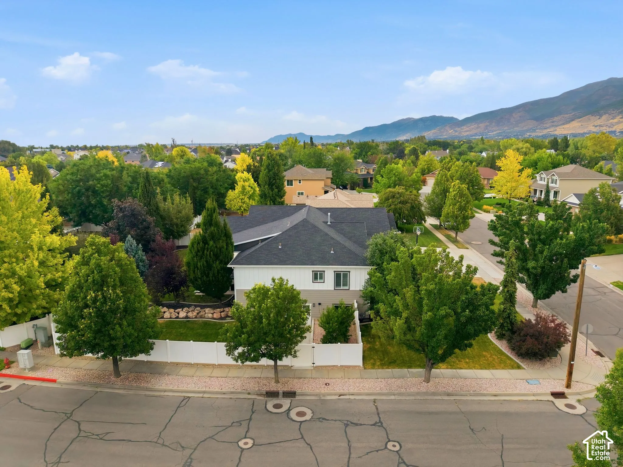 Aerial view of south side of home and yard