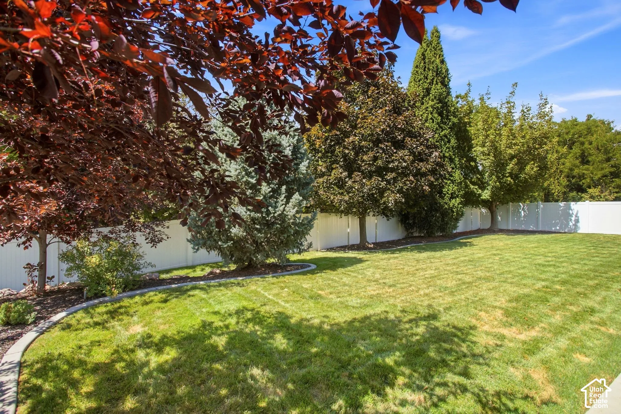 Expansive backyard featuring a manicured lawn, mature trees, and full vinyl fence
