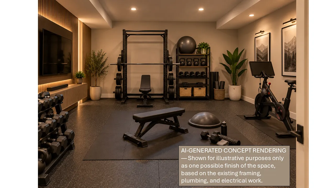 AI-floor plan showing what the space would look like finished as a gym/flex room for apartment-ADU