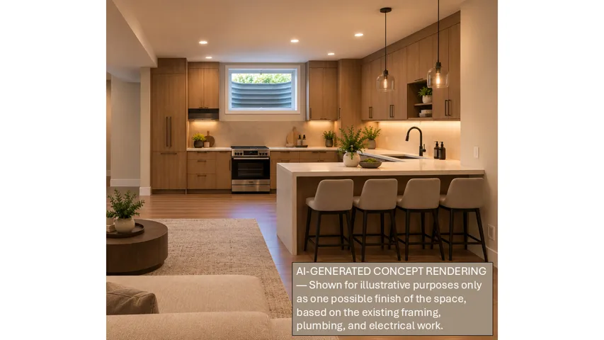 AI-floor plan showing what the space would look like with a kitchen for apartment-ADU