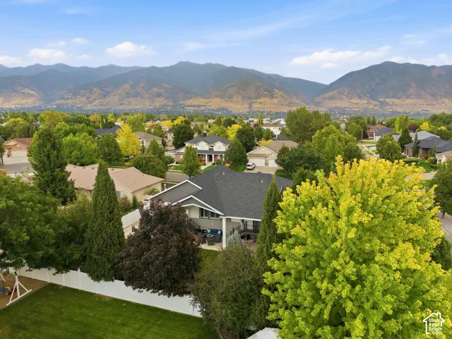 Aerial view of back of home and yard with mature trees