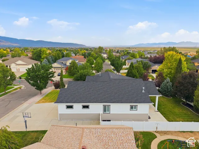 Aerial view of north side of home and yard