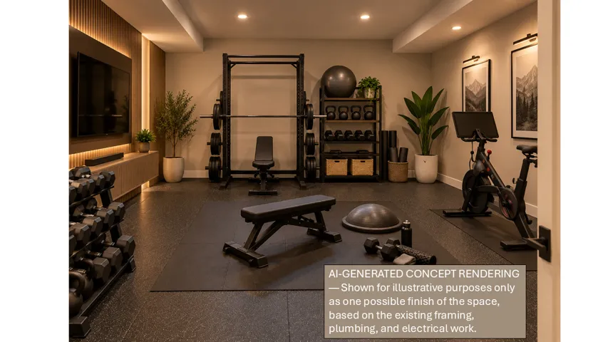 AI-floor plan showing what the space would look like finished as a gym/flex room for apartment-ADU