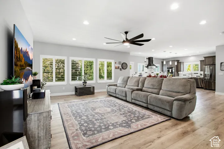 Light and open great room with view into kitchen