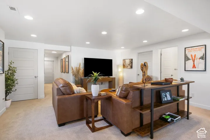 Recessed lighting, light-toned carpeting, white walls, and contemporary panel doors