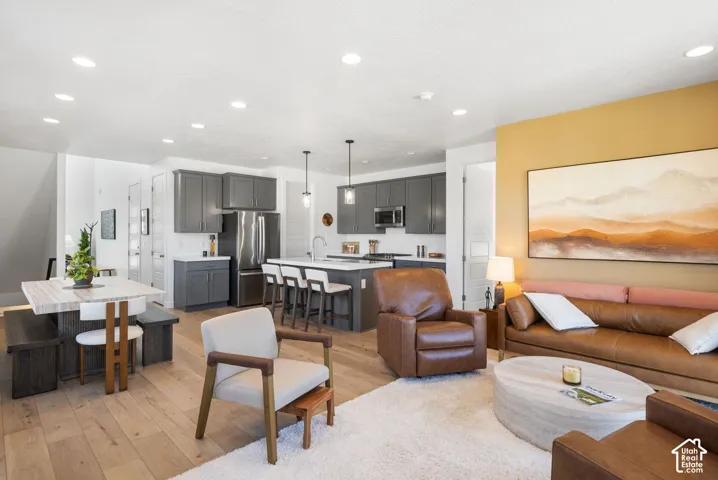 Open concept living area featuring wood-finish flooring, recessed lighting, and a kitchen with gray cabinetry and stainless steel appliances