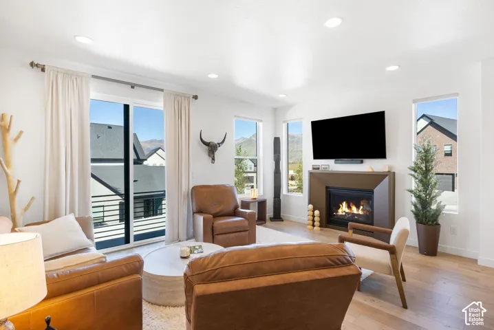 Living area featuring a gas fireplace, wood-finish flooring, recessed lighting, and large sliding glass doors