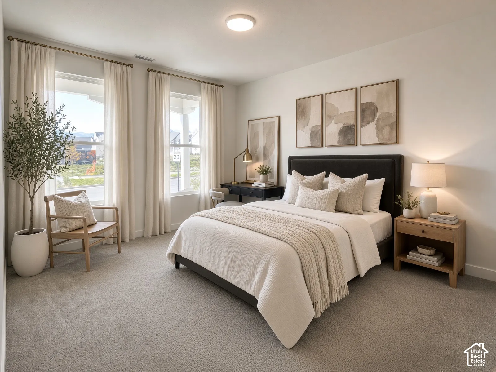 Plush carpet flooring, contemporary light fixture, dual windows, and light-toned walls