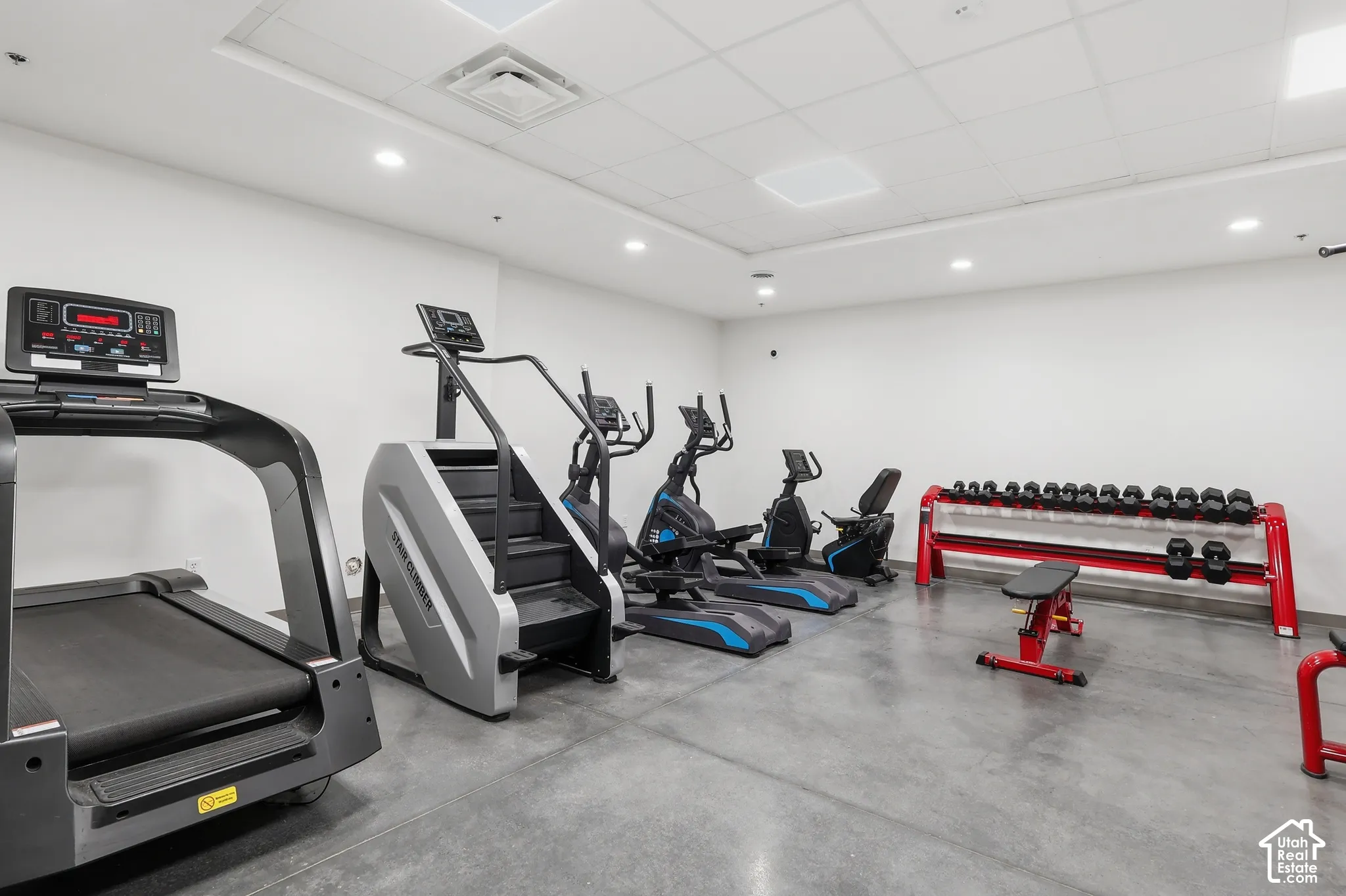Dedicated fitness area featuring a treadmill, stair climber, elliptical, and a full set of free weights