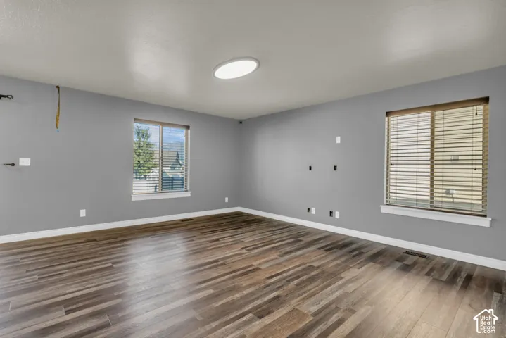 Wood-finish flooring, two large windows with blinds, recessed ceiling lighting, and light grey wall finishes