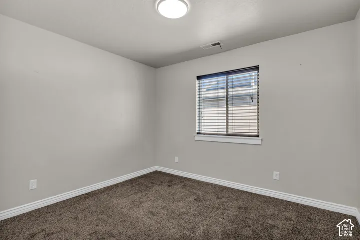 Neutral wall color, carpeted flooring, window with blinds, and overhead lighting