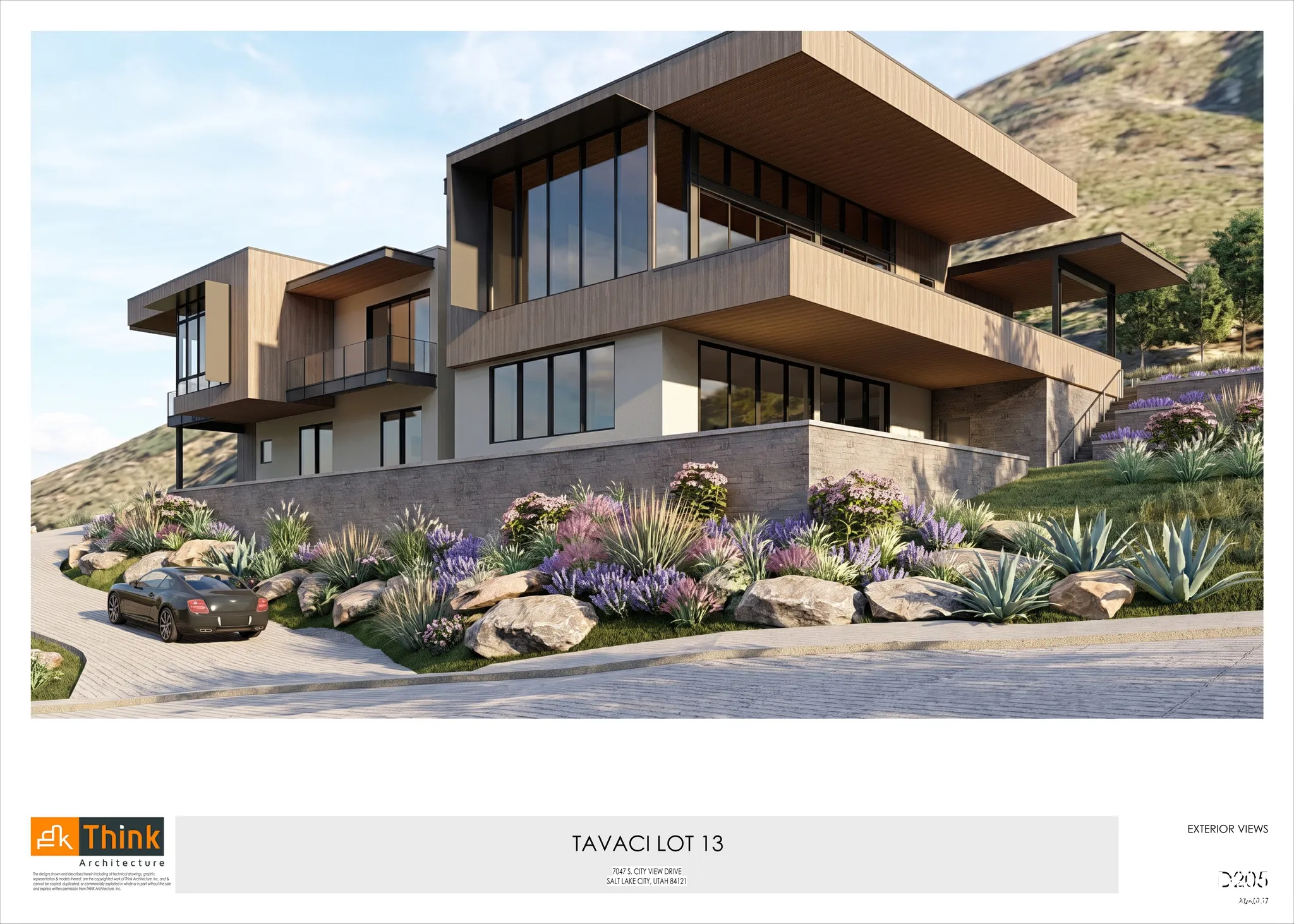 Modern architectural design with a multi-level structure, extensive glazing, and wood-panel accents