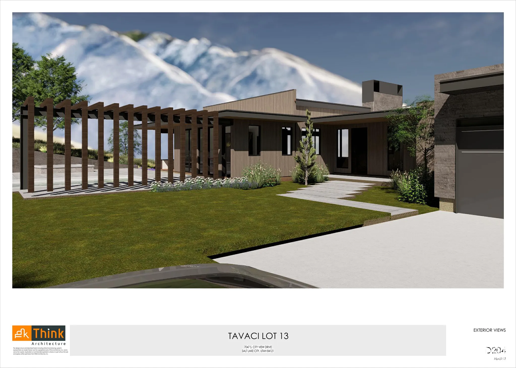 Sleek architectural design featuring a prominent pergola, stone pathway, and well-maintained lawn